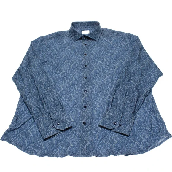 Emanuel Berg NWOT Casual Button Down Shirt Size 46 18 XXL in Blue Paisley Print
